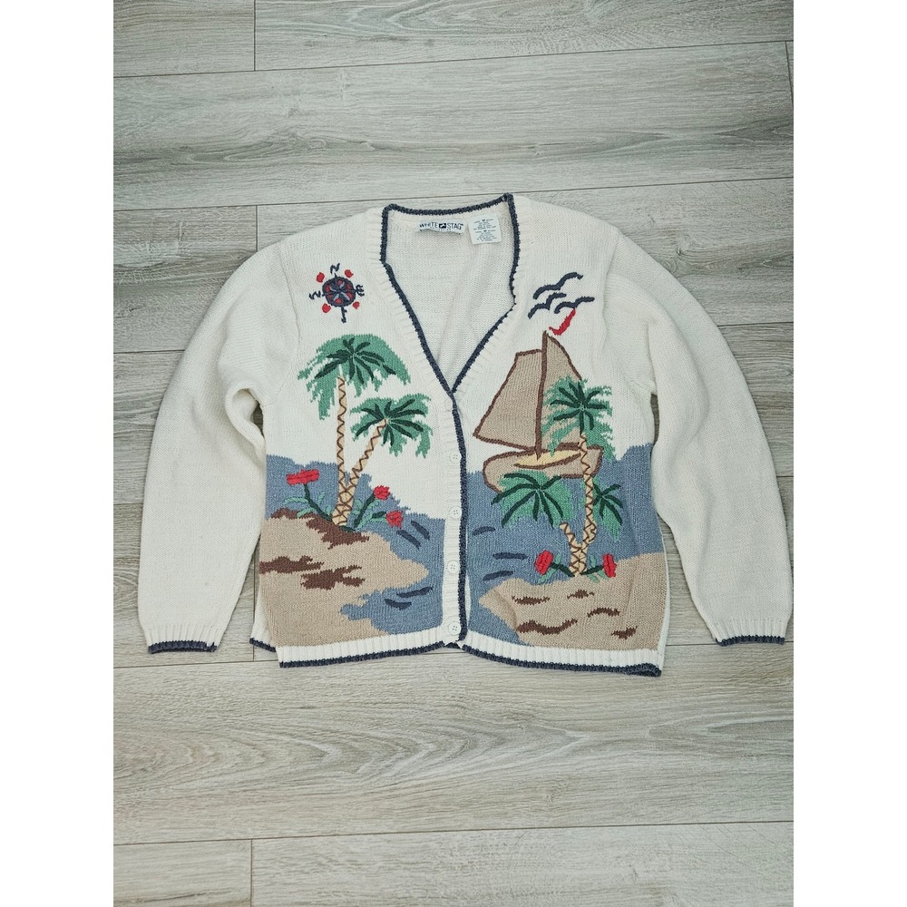 White Stag Vintage Tropical Sailboat Cardigan Sweater Cream Medium Shoulder Pads - Picture 2 of 6